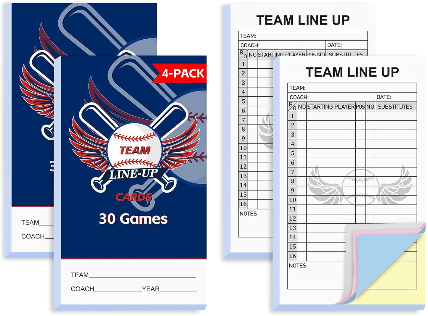 30/60/120/180 Baseball Lineup Cards with 4-Part Carbonless Copies, 4.53 x 7.87 Inch 16 Player Roster Sheets for Games, Softball Line up Coaching Accessories for Coaches and Umpires