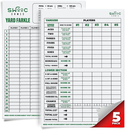 SWOOC Games® - 5 Big Premium Laminated Yardzee & Farkle Score Cards (11.5in x 8in) with Rules - Large Reusable Dry Erase Pads for Giant Outdoor Dice