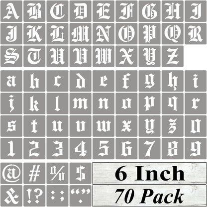 6 Inch Alphabet Letter Stencils for Painting - 70 Pack Old English Letter Stencil Templates with Numbers and Signs for Painting on Wood, Reusable Letters Stencils for Chalkboard Wood Signs & Wall Art
