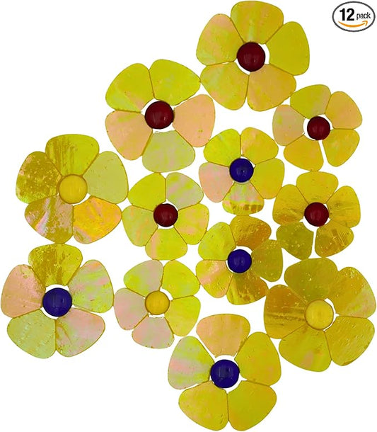 Yuvori Iridescent Flower Mosaic Tiles – 12pcs Mixed Sizes, 5-Petal Iridescent Mica Flowers with Center Beads for DIY Mosaic Art, Fairy Garden, Home Craft, Outdoor Decor (Iridescent Yellow)