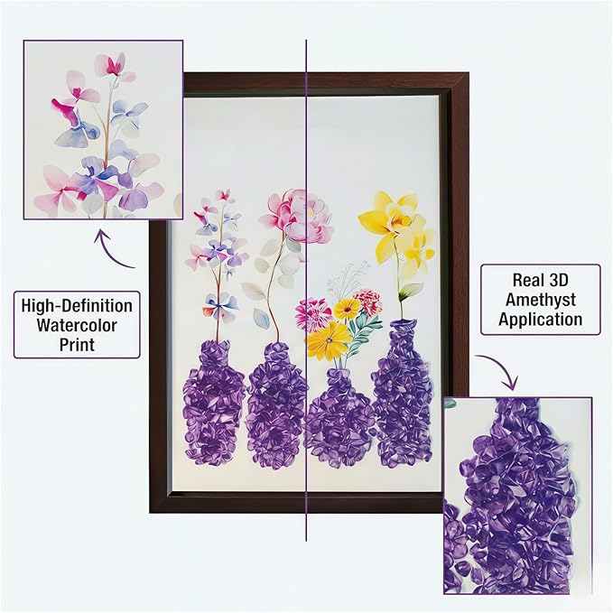 Boohyjtong DIY Real Amethyst Crystal Art Kit with Frame - 3D Purple Gemstone Vase Wall Decor - Natural Healing Stone Mosaic Craft for Adults - Relaxing February Birthstone Gift for Women