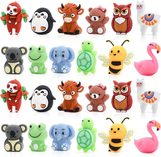 24Pcs 3D Animal Silicone Focal Beads for Pens，Beaded Pen Supplies，Focal Beads Bulk for Making Keychain Handmade Crafts