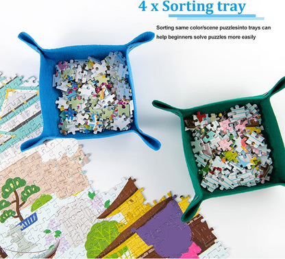 Celawork 1000 Pieces Puzzle mat roll up with Puzzle Sorting Trays,Jigsaw Puzzle Accessories for Puzzles Storage and Saver, Jigsaw Puzzle mat for Adult