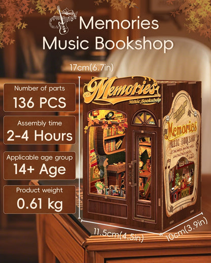 CUTEBEE Book Nook Kit - DIY Miniature House Dollhouse Kit for Adult and Teens, Booknook Bookshelf Decor Alley Model Build with LED Light, Gifts for Family and Friends (Memories Music Bookshop)