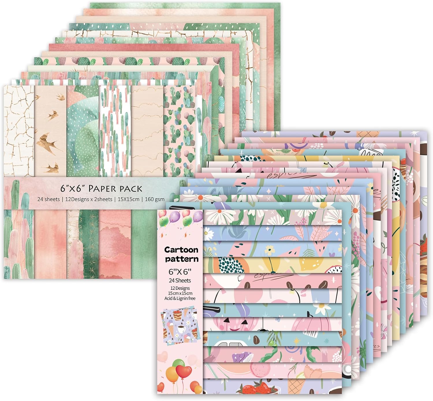48 Sheets 24 Designs Scrapbook Paper Pad, 6"×6" Single-Sided Decopodge Craft Cardstock Paper,Scrapbooking DIY Decorative Background Cardmaking Supplies.Cactus&Cartoon - Crafty Corner
