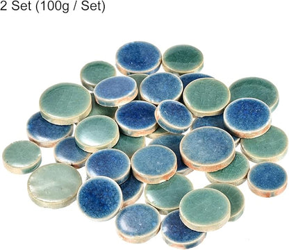 MECCANIXITY 200g Ceramic Mosaic Tiles for Crafts Bulk, Round Ice Crack Blue Green Ceramic Tiles for Mosaic Kits Garden Stepping Stone Cup Mat