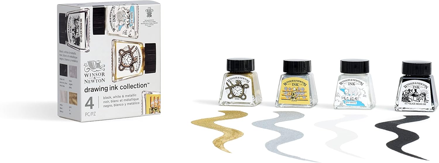 Winsor & Newton Collection Drawing Ink Set, Set of 4, Black, White, Metallic Tones - Crafty Corner