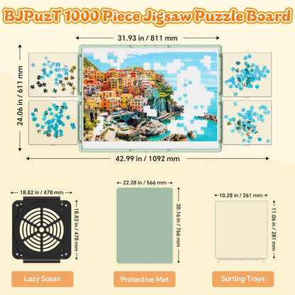 1000 Pieces Rotating Plastic Puzzle Board 3-in-1 Double-Sided/Tilting/Rotating, Portable Table 31.93"x24.06" Spinning Jigsaw Puzzle Table with Cover Lazy Susan Gift for Seniors Adults and Kids