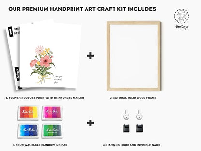 TwoDays Flower Bouquet Handprint Art Craft DIY Kit, Unique Gifts for Mom From Daughter or Son for Mother's Day Birthday Christmas, Gift for Grandma.(12" X 16", With Wood Frame)