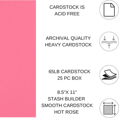 PA Paper Accents Stash Builder Cardstock 8.5" x 11" Hot Rose, 65lb Colored cardstock Paper for Card Making, Scrapbooking, Printing, Quilling and Crafts, 25 Piece Pack