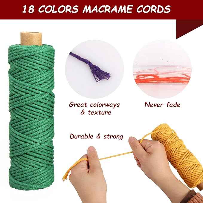 Macrame Cord 3mm x 594 Yards, 18 Rolls Natural Colored Macrame Cotton Cord Rope Kit Color Variety Macrame Jute Twine String 4 Strand Twisted for Wall Hanger Plant Hanging DIY Knitting Macrame Supplies
