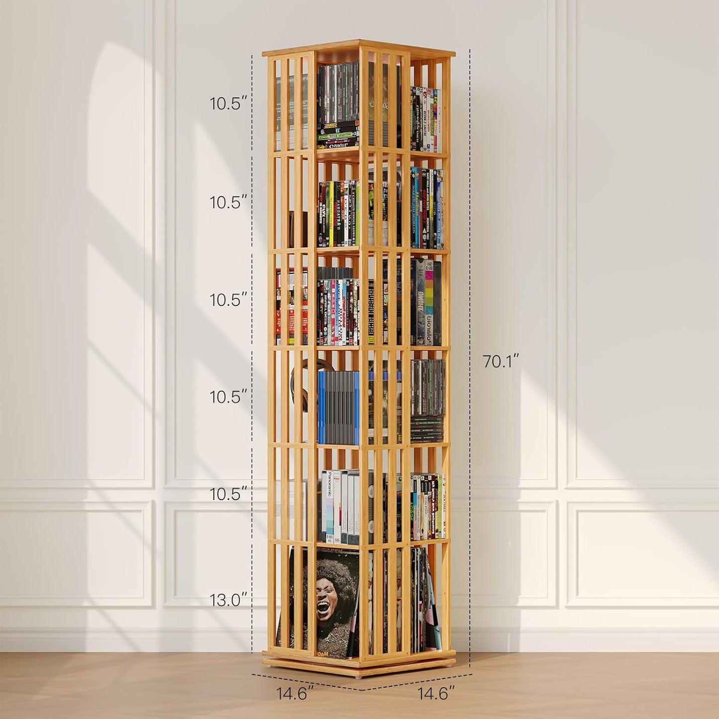XIMN 360° Rotating Bamboo CD/DVD Shelf - 6-Tier Space-Saving Media Storage Cabinet for Movies, Organizer with Super Compact Design