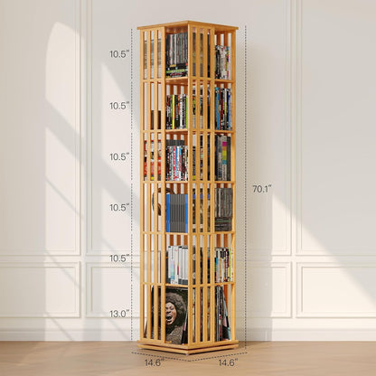 XIMN 360° Rotating Bamboo CD/DVD Shelf - 6-Tier Space-Saving Media Storage Cabinet for Movies, Organizer with Super Compact Design