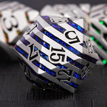 Metallic Stripes Dice with Gift Case, D&D Metal Polyhedral Dice Sets for Tabletop Games (Pearl Silver Seven Colors)