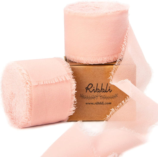 Ribbli Blush Pink Chiffon Ribbon 1-1/2 inch x 20 Yard Handmade Fringe Chiffon Silk Ribbon for Wedding Invitations, Bridal Bouquets Wrapping, Flower Arrangement Decoration - Crafty Corner