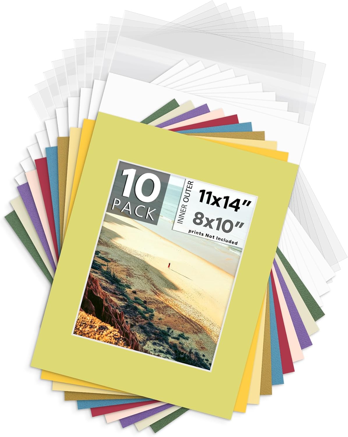Mat Board Center, Pack of 10, 11x14 for 8x10 Mix Color Mat Kit - Acid Free, 4-ply Thickness, White Core - Includes Backing Boards and Clear Bags - for Pictures, Photos, Framing