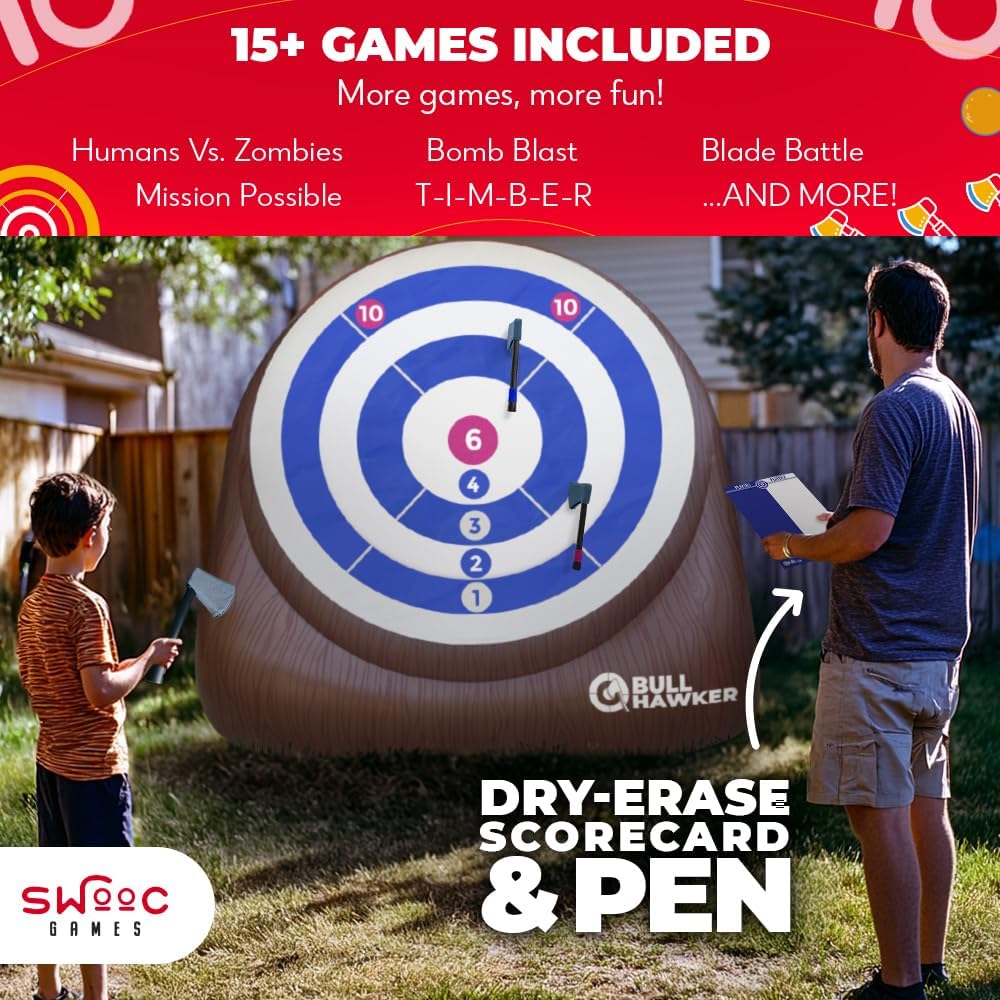 Swooc Games® - Bull Hawker™ | Giant Axe Darts (Over 6ft Tall) w/ 15+ Games | Axe Throwing Game for Backyard w/Air Pump | Outdoor Games for Adults and Family | Carnival Games | Throwing Axe Yard Games