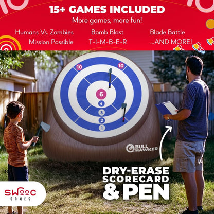 Swooc Games® - Bull Hawker™ | Giant Axe Darts (Over 6ft Tall) w/ 15+ Games | Axe Throwing Game for Backyard w/Air Pump | Outdoor Games for Adults and Family | Carnival Games | Throwing Axe Yard Games