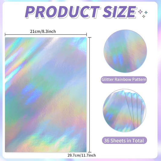 36 Sheets Holographic Sticker Paper,Holographic Laminate Sheets,A4 Size Clear Vinyl Sticker Sheets Self-Adhesive Rainbow Overlay Sheets,11.7 x 8.3 Inches(Laser)