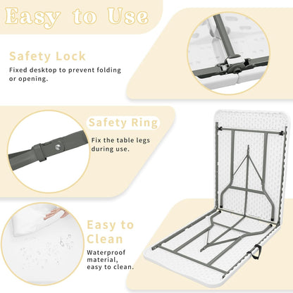 Set of 2 Folding Table 6 FT Lightweight Camping Table Portable Plastic Rectangular Outdoor Dining Table Steel Legs Fold-in-Half with Carrying Handle for Indoor,Picnic,Party,Wedding,Events(White)