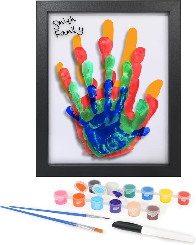 Americanflat Family Handprint Kit with Polished Plexiglass - 8x10 Frame with Five Panels for DIY Prints - Includes Washable Paint, Brushes and Marker - Keepsake Frame for Wall Display - Black