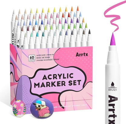 Arrtx 60 Colors Paint Markers Pens, Acrylic Paint Pens for Artists Adults Coloring Drawing Cartoon Anime Comic - Brush Tip for Rock Painting, Wood, Canvas, DIY Crafts Making Art Supplies-60B