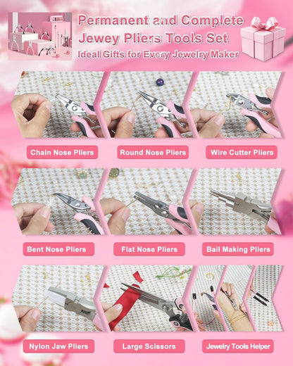 Toolour Jewelry Pliers Set Jeweler Making Tools with 6 Rolls Beading Wire Kit for Jewelry Supplies DIY Hobby Repair Crimping Wrapping,Pink Professional Craft Pliers for Adults Beginner - Crafty Corner