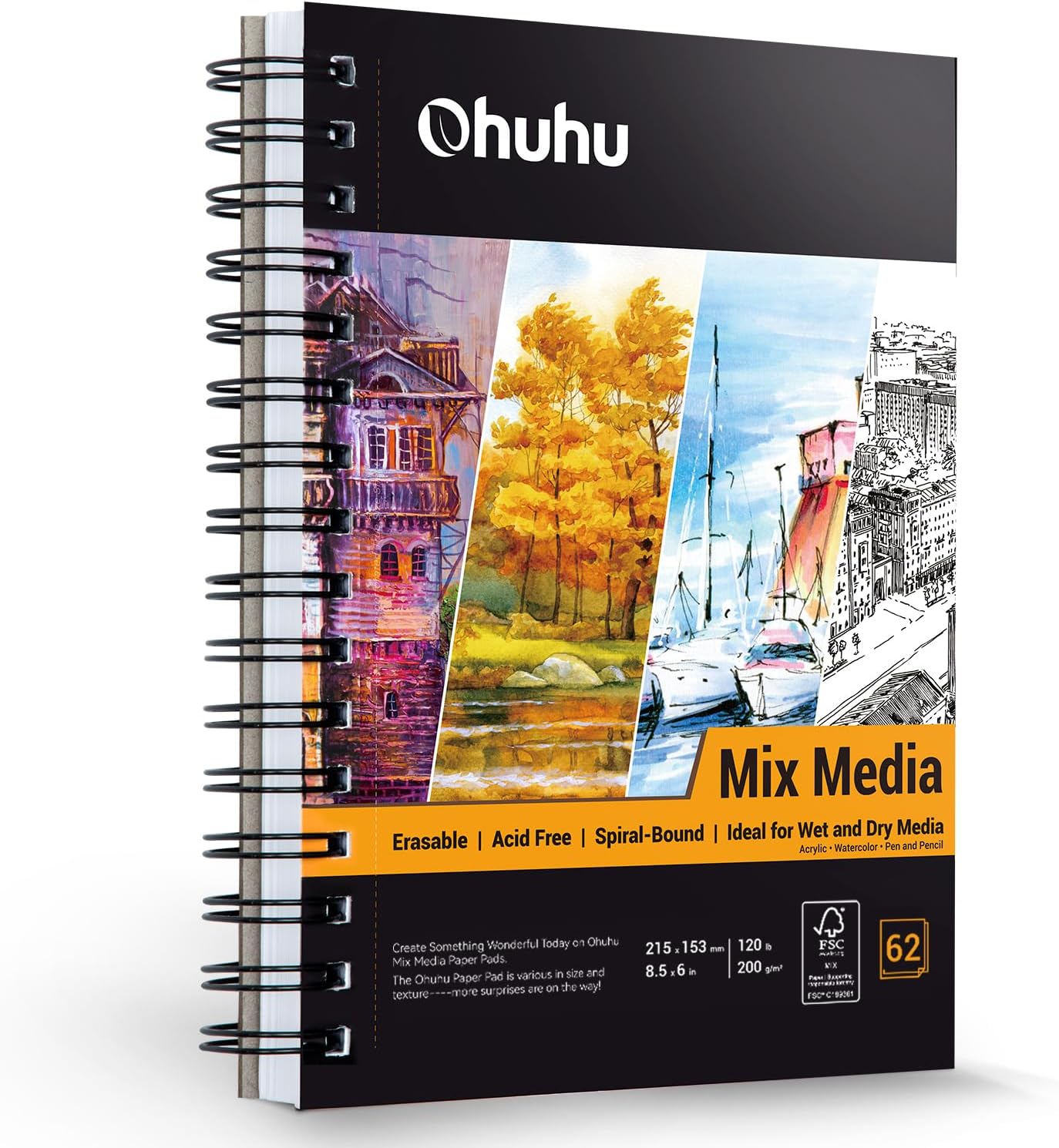 Mix Media Pad, Ohuhu Mixed Media Art Sketchbook, 120 LB/200 GSM Heavyweight Papers, 62 Sheets/124 Pages, Spiral Bound Mixed Media Paper Pad for Christmas Gift (8.5x6 in) - Crafty Corner