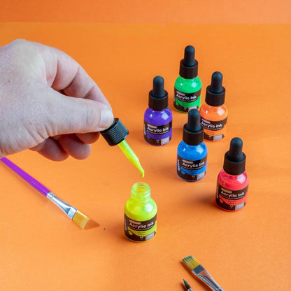 Mont Marte Acrylic Ink Premium 6pc x 20ml (0.7 US fl.oz), Acrylic Inks for Artists, Fluoro Colors, Ideal for Air Brush, Pouring Art, Scrapbooking, Ink Drawing, Mixed Media - Crafty Corner