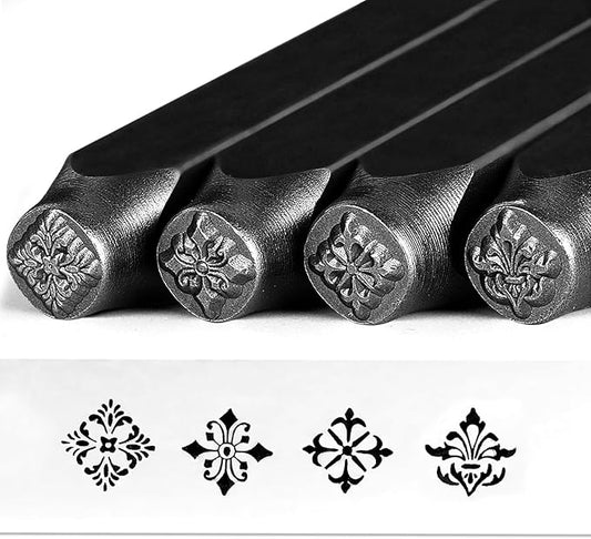 The Craft Guy 4pcs Vintage Style Metal Stamping kit 5/16" (8mm) Steel Metal Stamp - Handcrafted Iron Stamp for Jewelry, Steel, DIY Crafts, Impress Leather Stamps with Classic Patterns