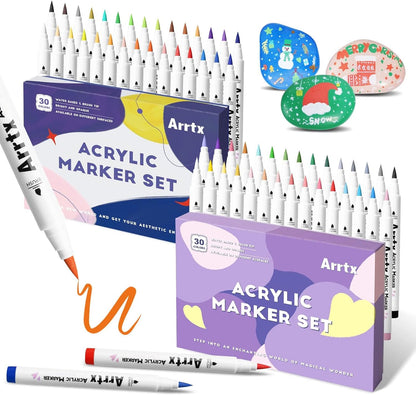 Arrtx Acrylic Paint Pens, 58 Colors for Rock Painting, Extra Brush Tip, Water Based Paint Markers for Stone, Glass, Easter Egg, Wood and Fabric Painting-No Toxic,No Odor-Type 30A+B