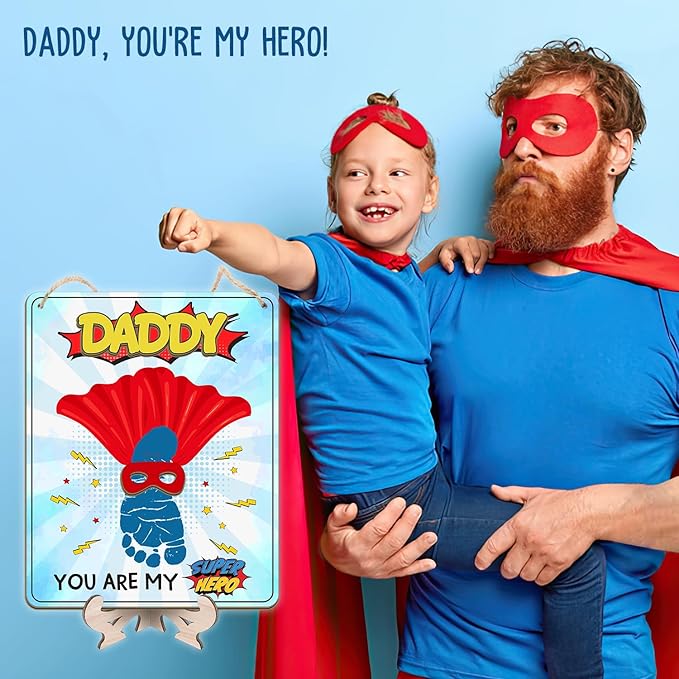 DIY My Dad Superhero Baby Footprint Craft Plaque, Super Dad Gift for Fathers Day, Baby First Fathers Day Footprint Art Craft for Superdad, Super Dad Craft from Kid Footprint, Gift for Dad Keepsake
