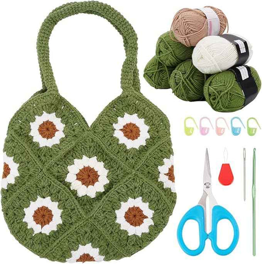 FREEBLOSS DIY Crochet Set for Crochet Shoulder Bag Green Daisy Crochet Bag Kit for Beginners Crochet Tote Bag Crochet Starter Kit with Instruction for Birthday Gift