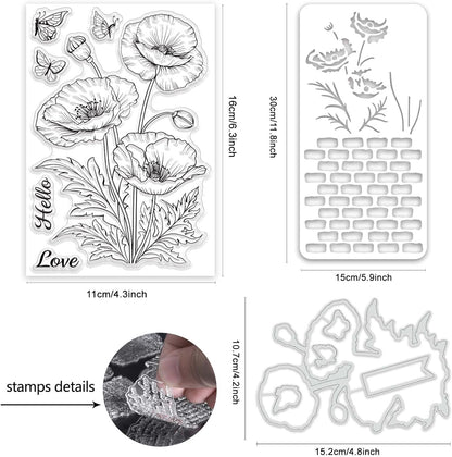 ORIGACH Realistic Corn Poppy Flower Stamps and Die and Layering Coloring Stencil Bundle for Card Making Album Arts Crafts Supplies