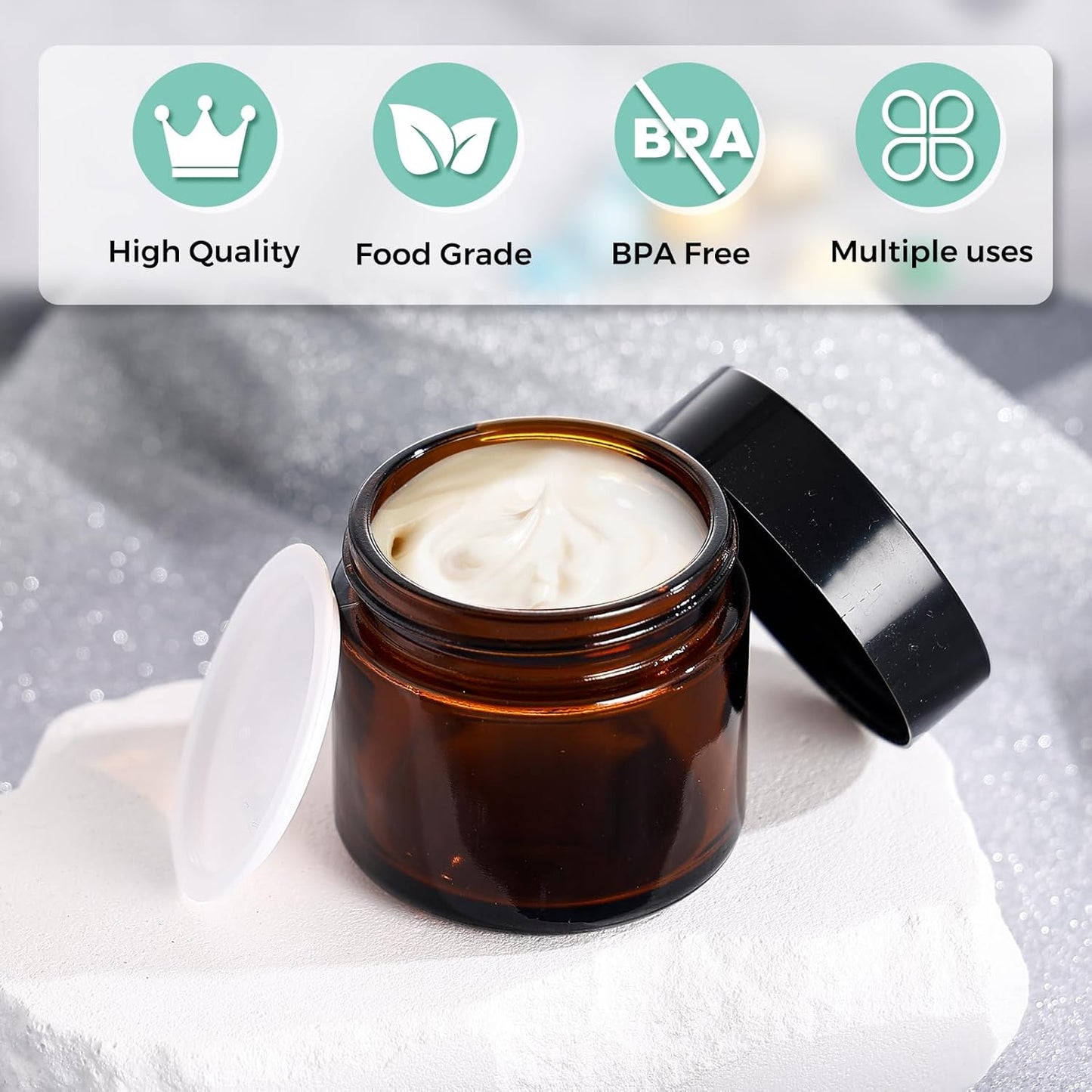 2OZ Amber Glass Jars with lids, 36 Pack Empty Cosmetic Jars, Refillable Airtight Wide Mouth Container for DIY, Sample, Cream, Lotion, Candle Making, Powder, Cosmetic