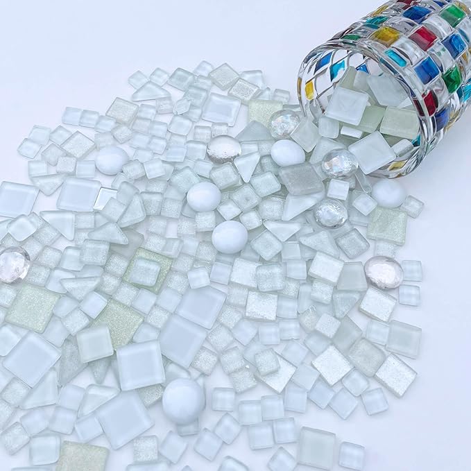 LITMIND 1.1 LB White Irregular Glass Mosaic Tiles with Backing, Assorted Mosaic Shapes for Creative Crafts – Ideal for Adult Mosaic Kits, Puzzles, and Artwork Projects
