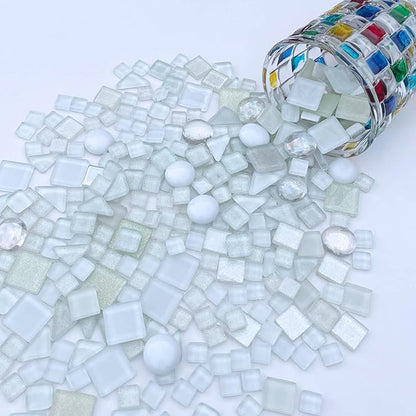 LITMIND 1.1 LB White Irregular Glass Mosaic Tiles with Backing, Assorted Mosaic Shapes for Creative Crafts – Ideal for Adult Mosaic Kits, Puzzles, and Artwork Projects