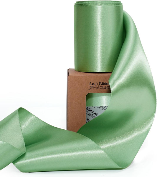 LaRibbons Sage Green Satin Ribbon 3 Inch 10 Yards Double Faced Luxury Light Green Silk Ribbon for Gift Wrapping Flower Bouquets Bow Christmas Wedding Party Decoration - Crafty Corner