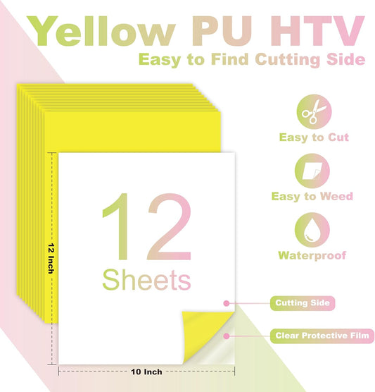 Yellow PU Heat Transfer Vinyl, 12 Pcs 12"x10" HTV Sheets – Soft & Stretchable Iron-On Vinyl, Easy to Cut & Weed, Compatible with Cricut & Silhouette – Great for DIY Family Shirts & Crafts