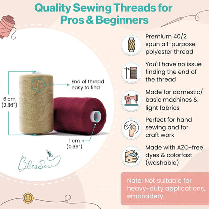 Sewing Thread-24 Spools of Polyester Thread for Sewing Machine for Beginners, Hand Stitching & Quilting-1000 yds Each in 22 Colors+Bonus Black & White