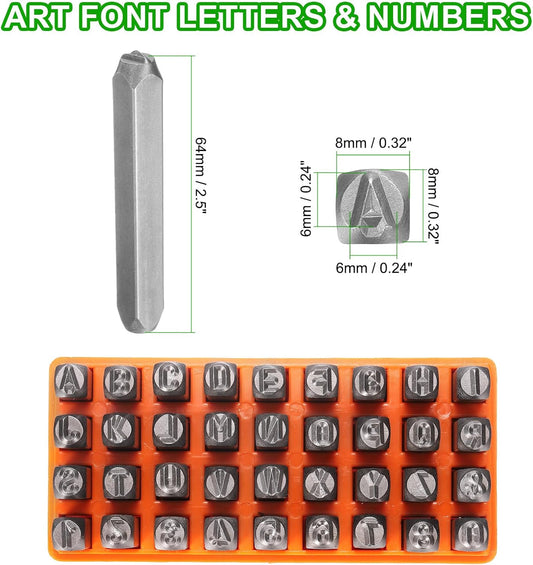 HARFINGTON 36pcs Metal Stamping Kit 1/4" (6mm) Steel Uppercase Letter and Number Punch Set (A-Z / 0-8 / "&" Symbol) Punch Press Tool with Case for Imprinting Metal Plastic Wood Leather