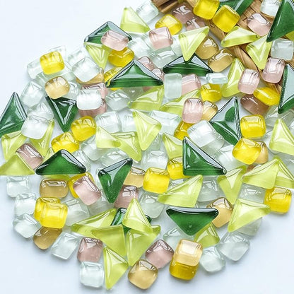 200g Square Triangle Rectangle Glass Irregular Size Mosaic Tiles for Crafts Glass Mosaic for Jewelry Making (Yellow Green White Mix)