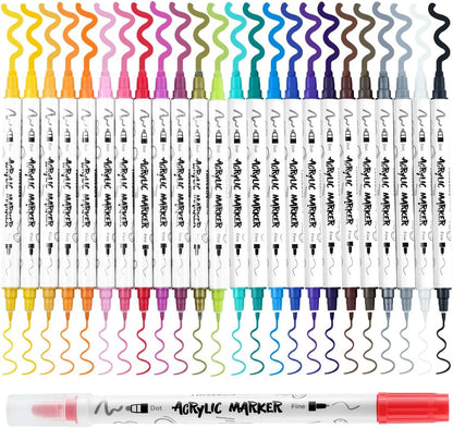 TRANSON 24 Color Bold and Fine Dual-tip Acrylic Paint Pen Set for Canvas Rock Wood Leather Ceramic DIY Painting
