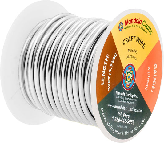 Mandala Crafts 8 Gauge Anodized Aluminum Craft Wire for Jewelry Making - 32 FT Colored Flexible Silver Wire - Bendable for Bonsai Armature Crafting Sculpting - Crafty Corner