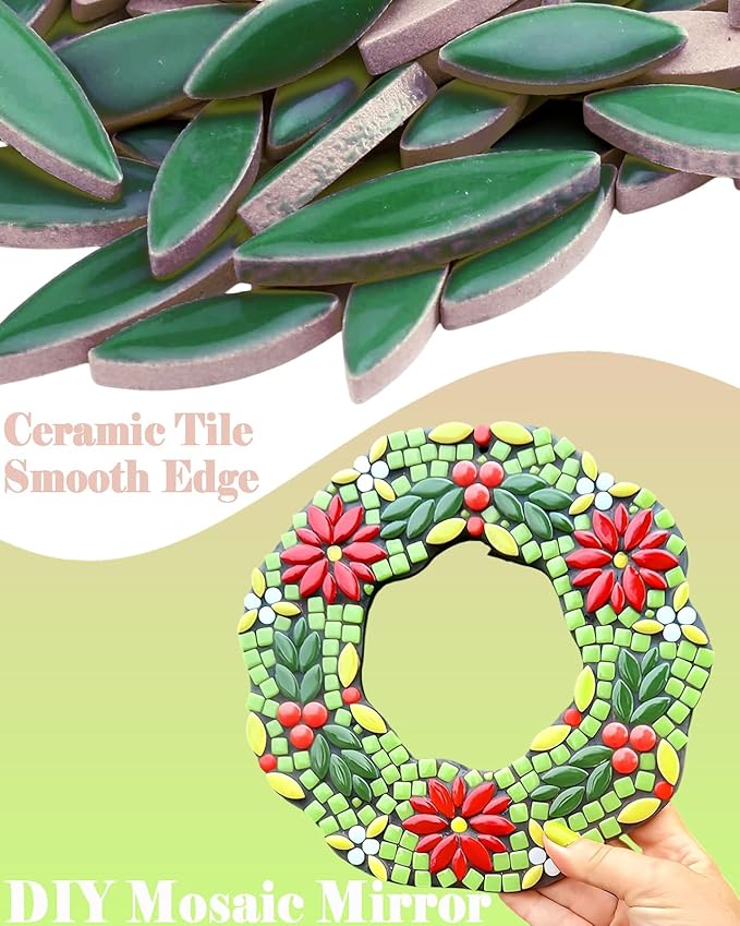200g Ceramic Petals Bulk Mosaic Tiles for Craft, Small Oval Stepping Stone Kit, Glazed Porcelain Pieces for Coaster Tray House Number Mirror Lamp Home Decorations (Deep Green)