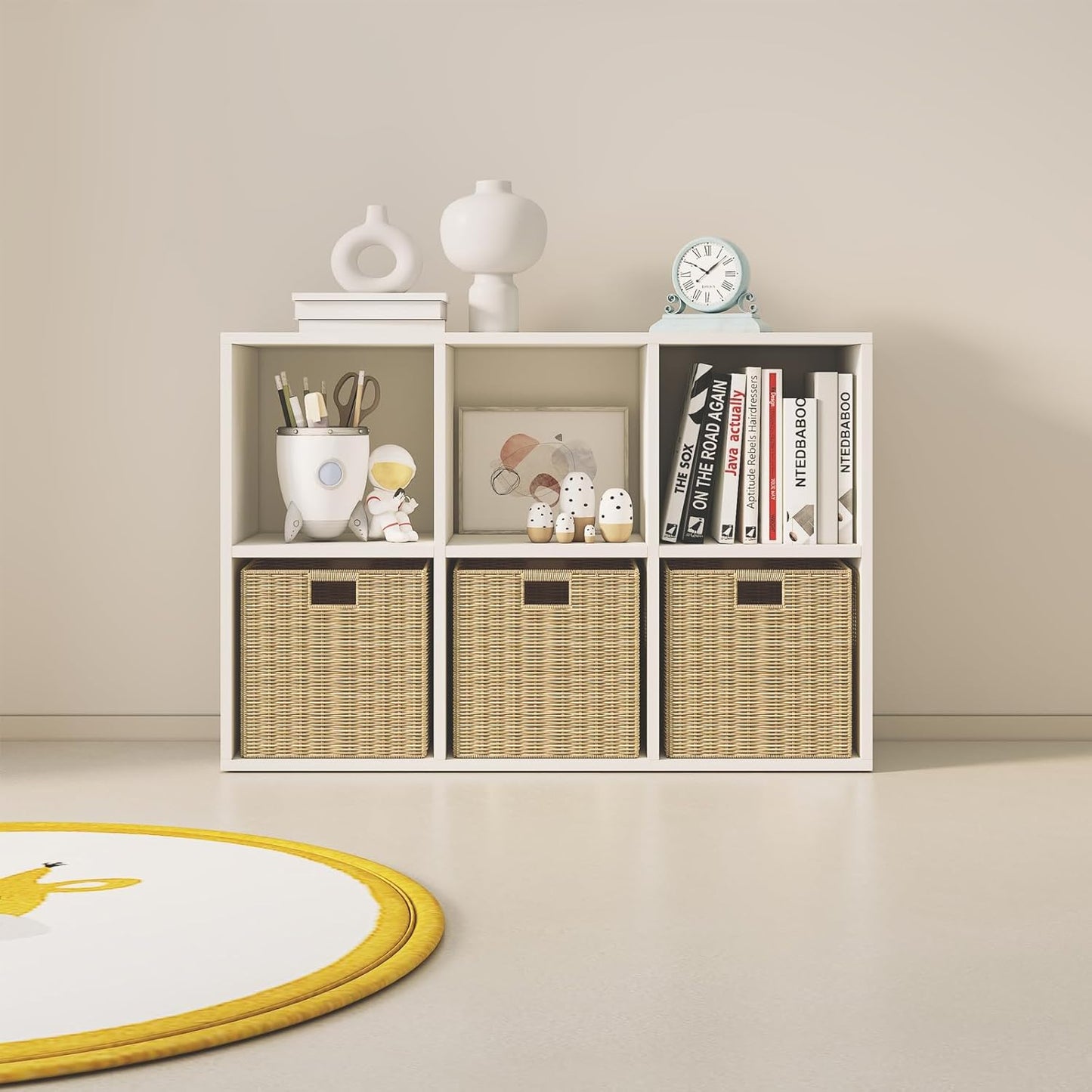 Wood Cube Storage Organizer Closet Cabinet for Living Room Bedroom Study Shelf Bookcase Wooden Floor Standing Open Bookshelf for Kids Home Office Display Storage Cabinet (White, 6-Cube, 11.81in)