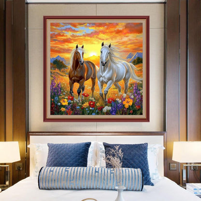 DMCXART Counted Cross Stitch Kits for Adults Needlepoint Kits Unprinted Cross Stitching Embroidery Kit 11CT Cross Stitch Supplies-Sunrise, Horse, Flower 18x18 inch