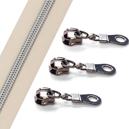 Sawoake 10 Yards Bulk Zipper(#5), Beige Nylon Coil Zipper with Silver Teeth by The Yards, Replacement Sewing Zipper with 10PCS Zipper Sliders for DIY Sewing Craft Bags(#5 Silver Beige)