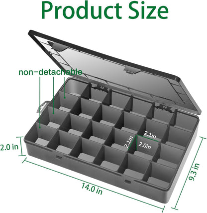 Large 24 Grids Plastic Organizer Box Adjustable Dividers,Clear Storage Box for Jewelry, Art DIY Crafts, Washi Tapes, Beads and Small Parts(Black, 1Pack)