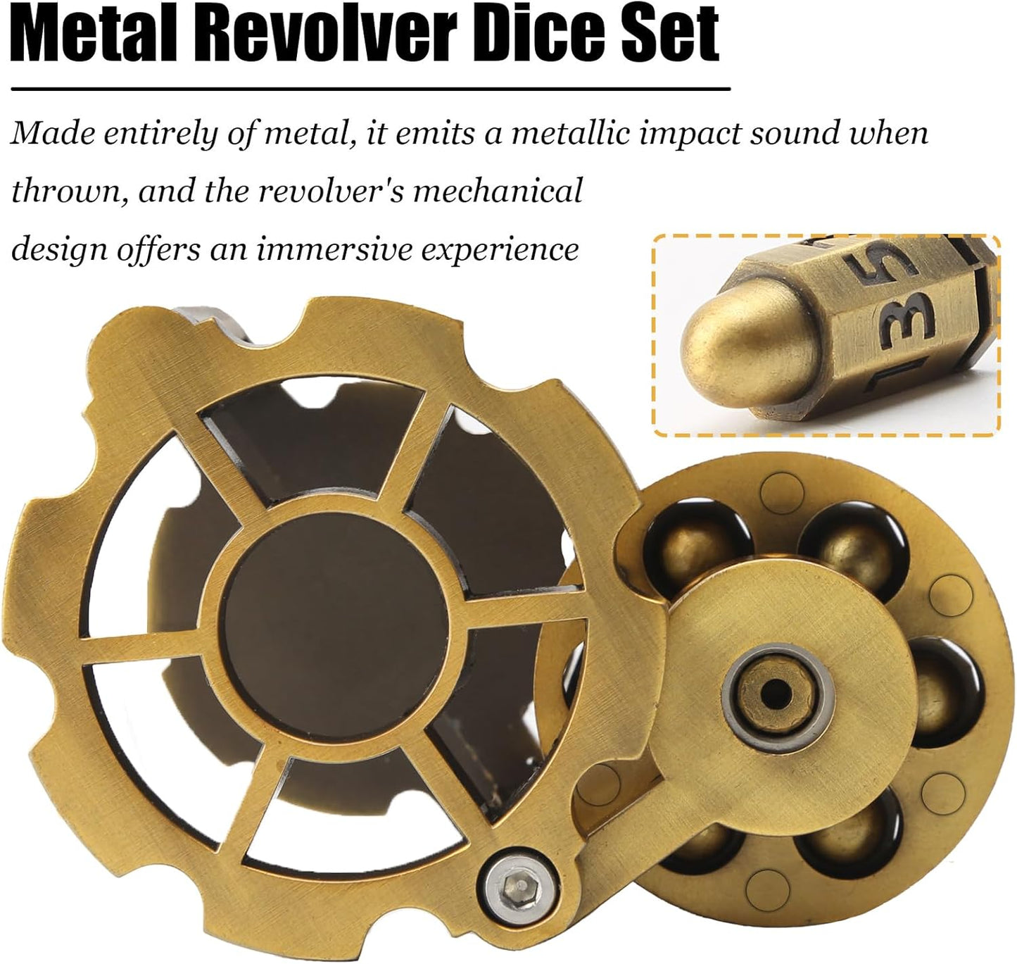 Bullet Dice, Revolver Bullet Metal Dice Set with Spinning Revolver Cylinder Container & Seven Polyhedron Dices for Sci-Fi, War, Crime Theme Tabletop Games
